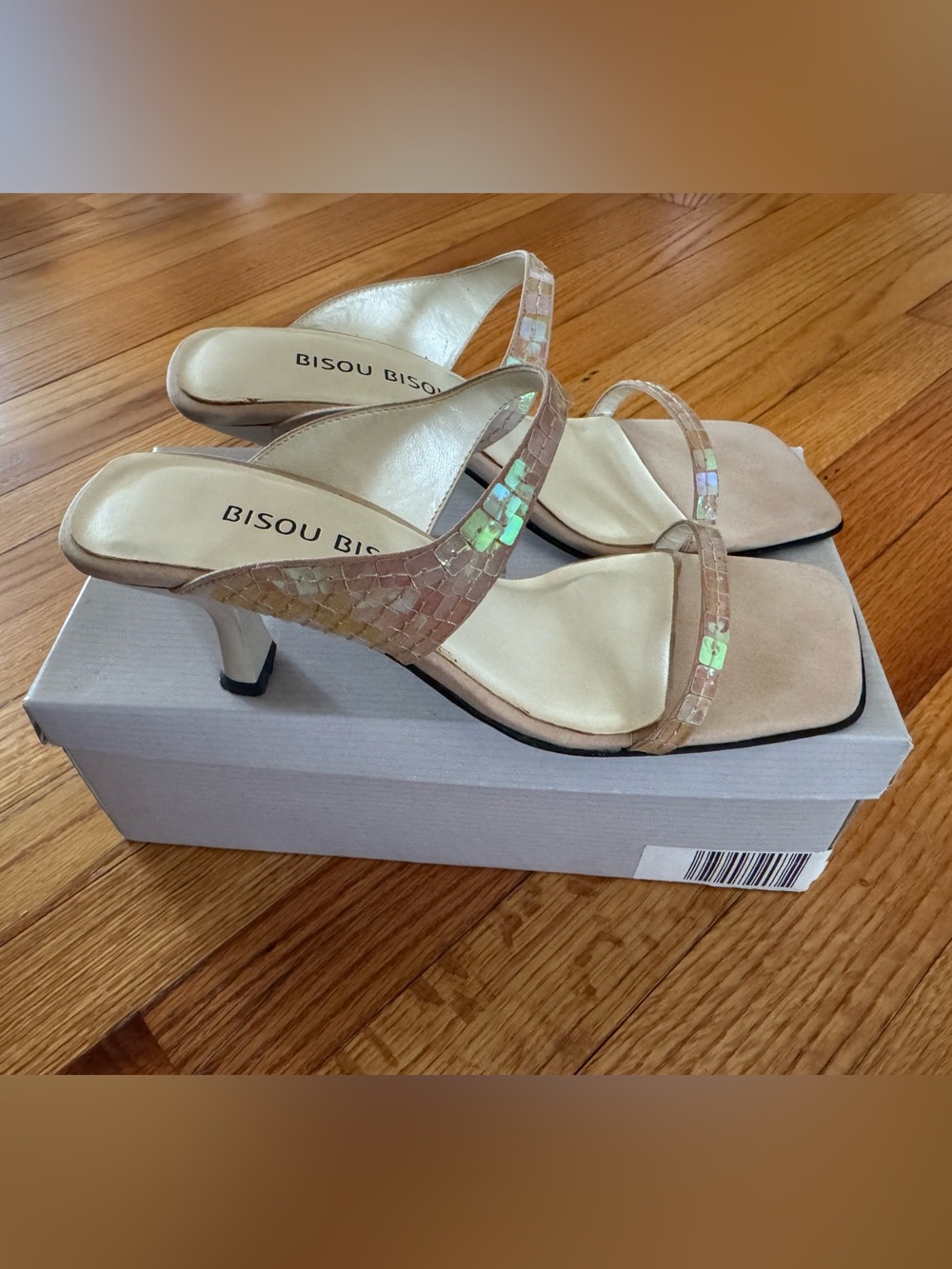 Bisou Bisou Beige Iridescent Sequin Strap Kitten Heels